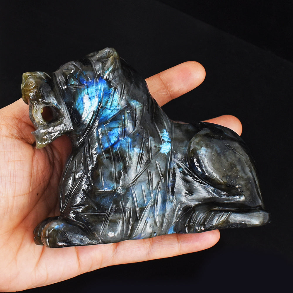 Exclusive 3483.00 Carats Genuine Blue Flash Labradorite Hand Carved Lion Gemstone Carving