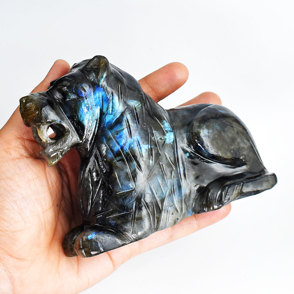 Exclusive 3483.00 Carats Genuine Blue Flash Labradorite Hand Carved Lion Gemstone Carving