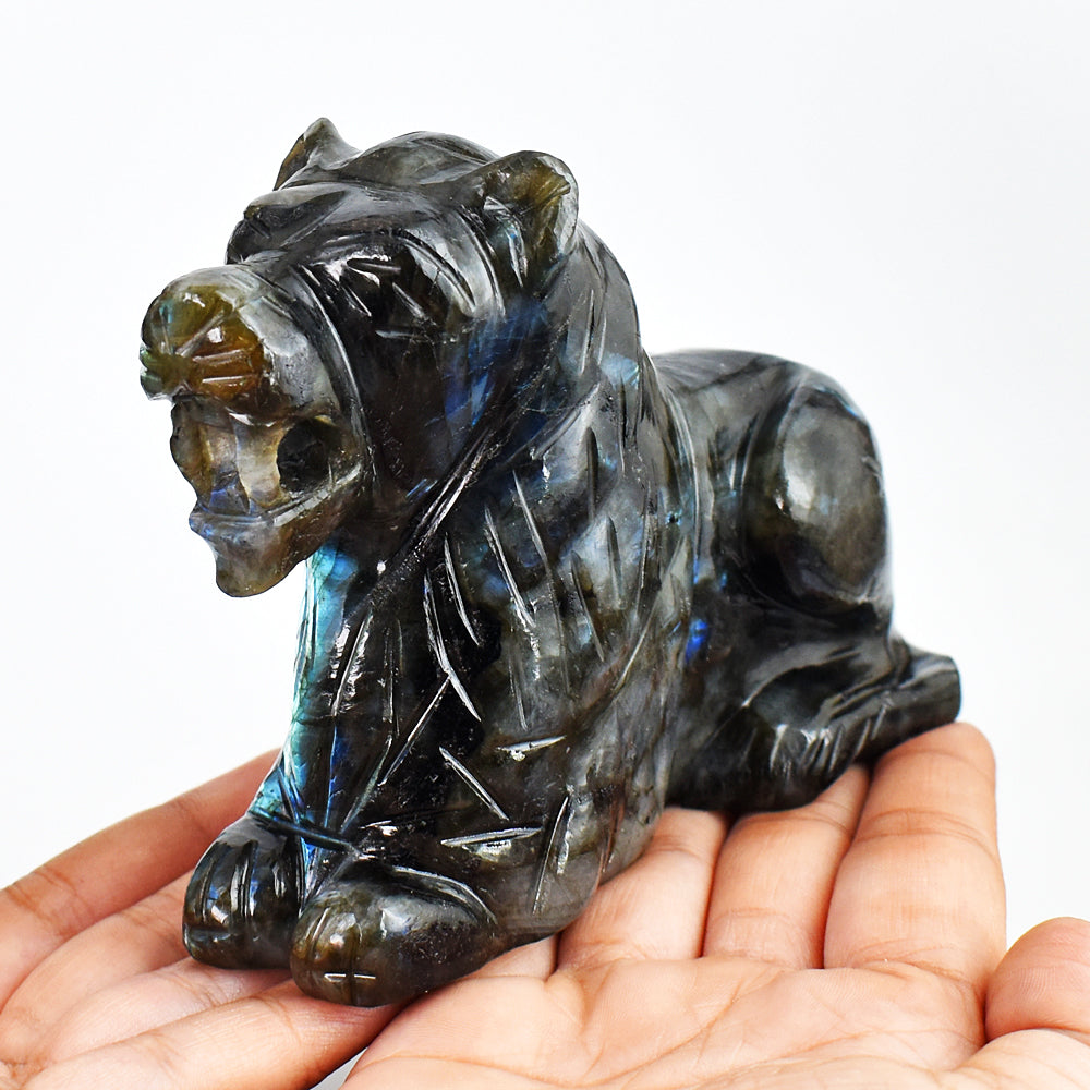 Exclusive 3483.00 Carats Genuine Blue Flash Labradorite Hand Carved Lion Gemstone Carving