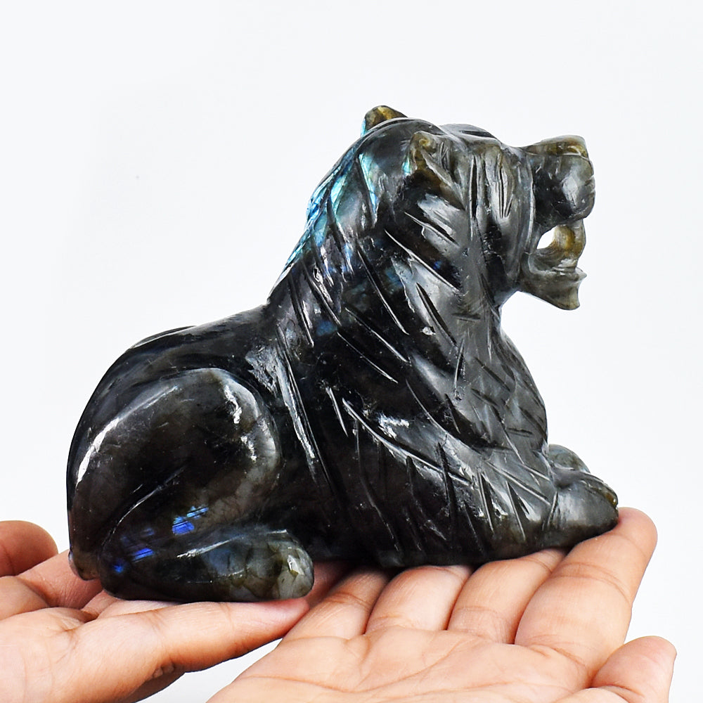 Exclusive 3483.00 Carats Genuine Blue Flash Labradorite Hand Carved Lion Gemstone Carving