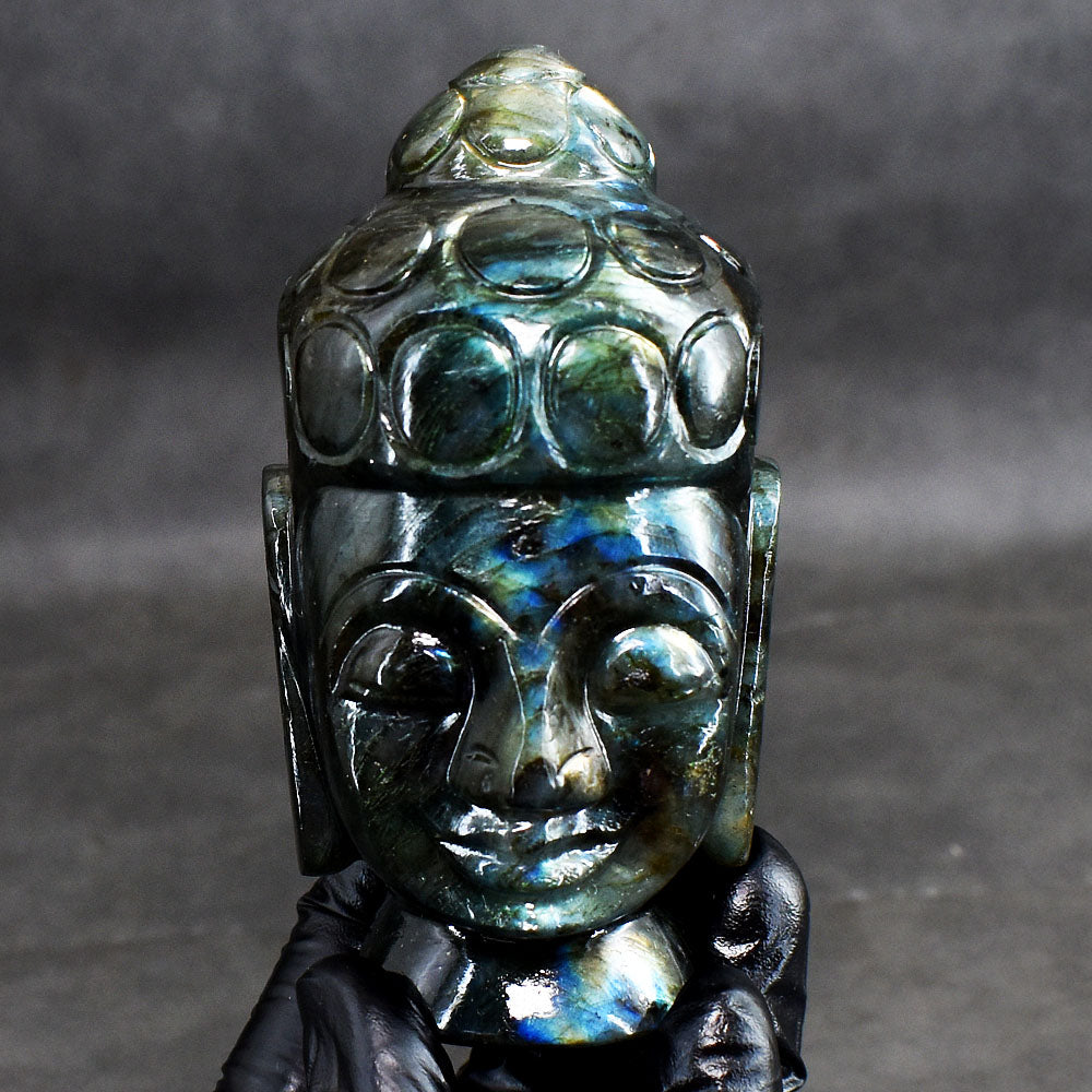 Genuine 1731.00 Carats Artisian Blue Flash Labradorite Hand Carved Crystal Gemstone Buddha Head Carving