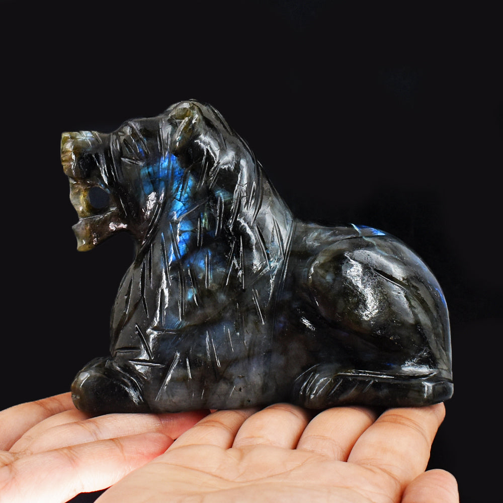 Exclusive 3483.00 Carats Genuine Blue Flash Labradorite Hand Carved Lion Gemstone Carving