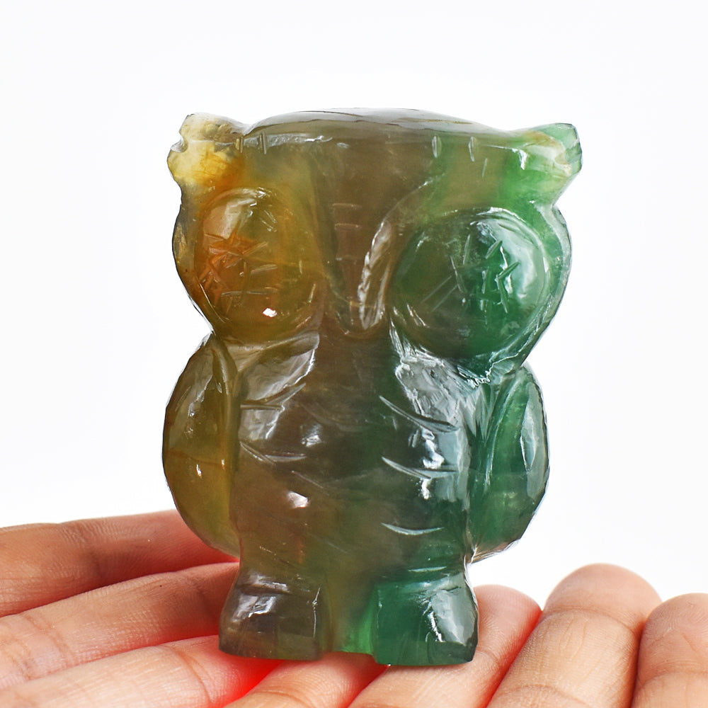 Artisian 949.00 Cts Genuine Multicolor Fluorite Hand Carved Crystal Gemstone Owl Carving