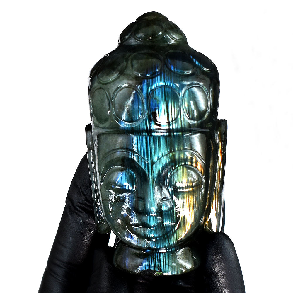 Awesome 982.00 Cts Genuine Amazing Flash Labradorite Hand Carved Gemstone Crystal Buddha Head Carving