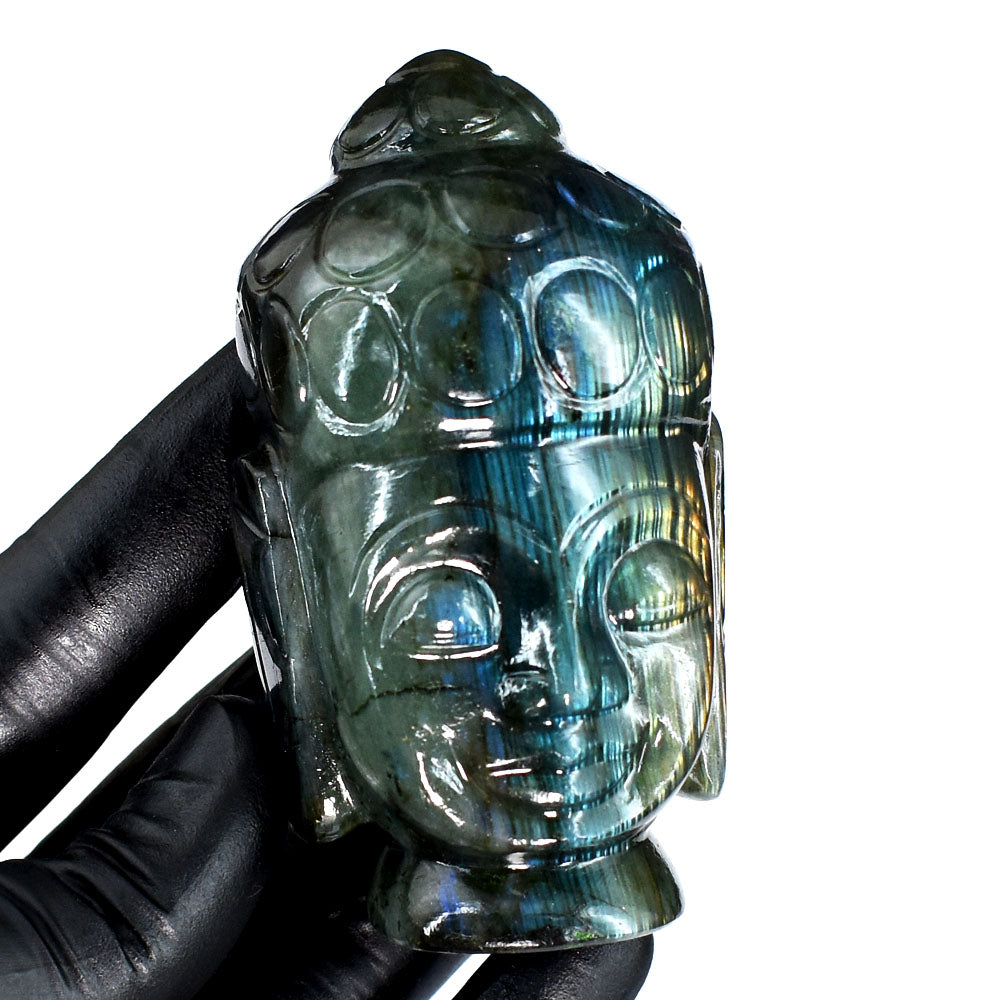 Awesome 982.00 Cts Genuine Amazing Flash Labradorite Hand Carved Gemstone Crystal Buddha Head Carving