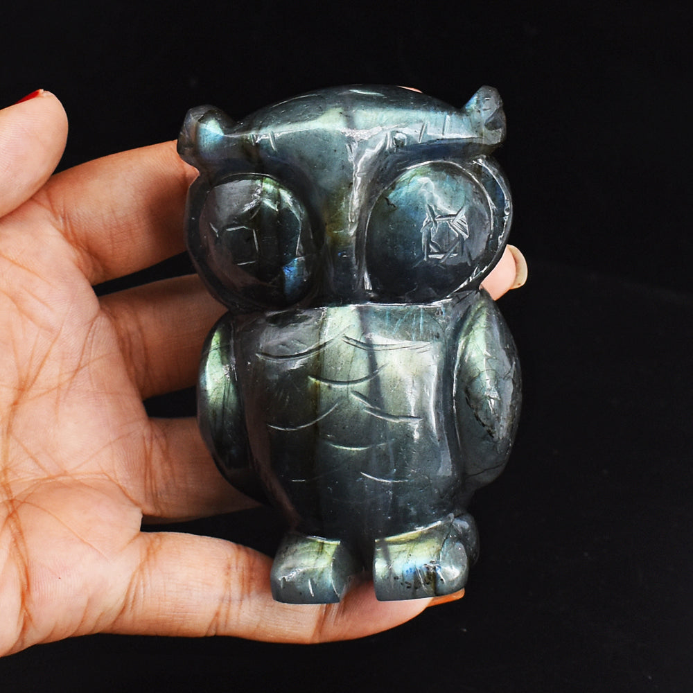 Exlusive 1175.00 Cts  Amazing Flash Labradorite Hand Carved Genuine Crystal Gemstone  Owl Carving