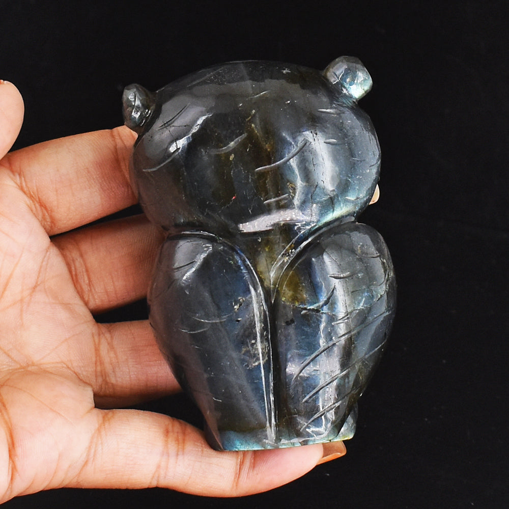 Exlusive 1175.00 Cts  Amazing Flash Labradorite Hand Carved Genuine Crystal Gemstone  Owl Carving