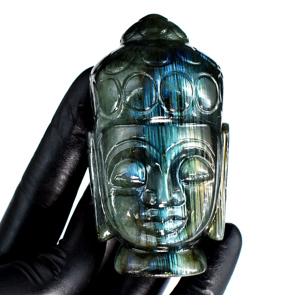 Awesome 982.00 Cts Genuine Amazing Flash Labradorite Hand Carved Gemstone Crystal Buddha Head Carving