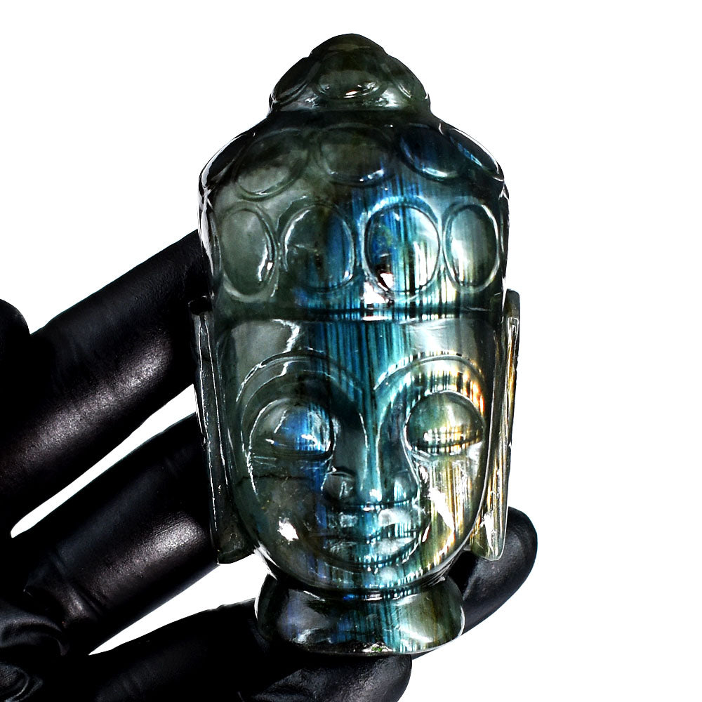 Awesome 982.00 Cts Genuine Amazing Flash Labradorite Hand Carved Gemstone Crystal Buddha Head Carving