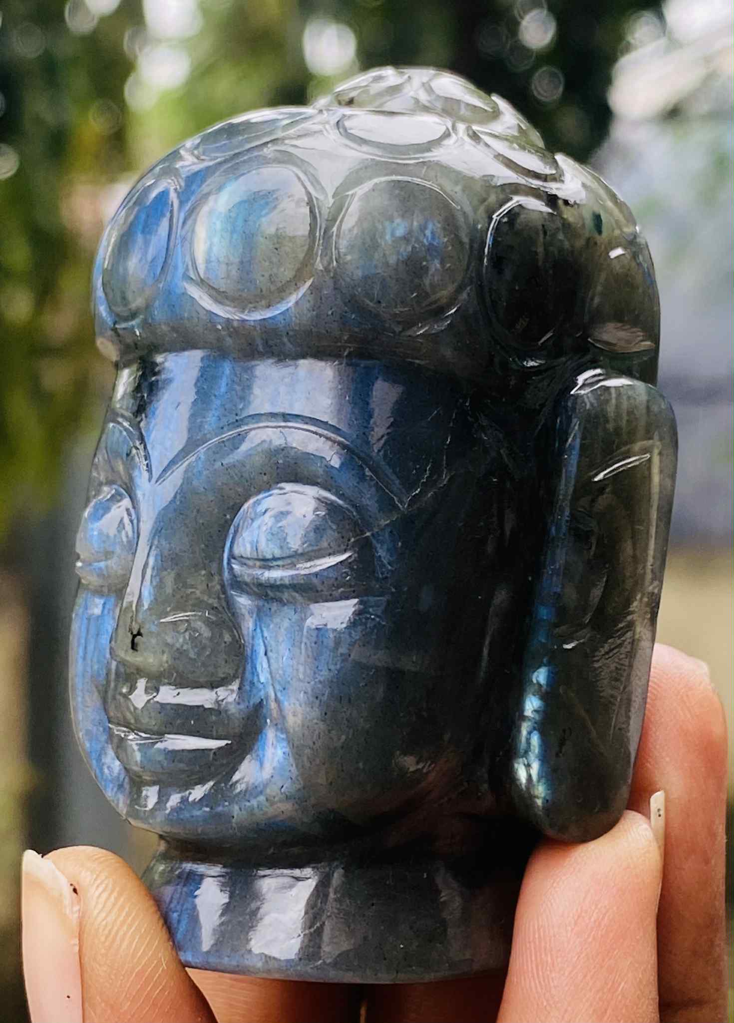 Gorgeous 825.00 Cts Genuine Blue Flash Labradorite Hand Carved Crystal Gemstone Buddha Head Carving