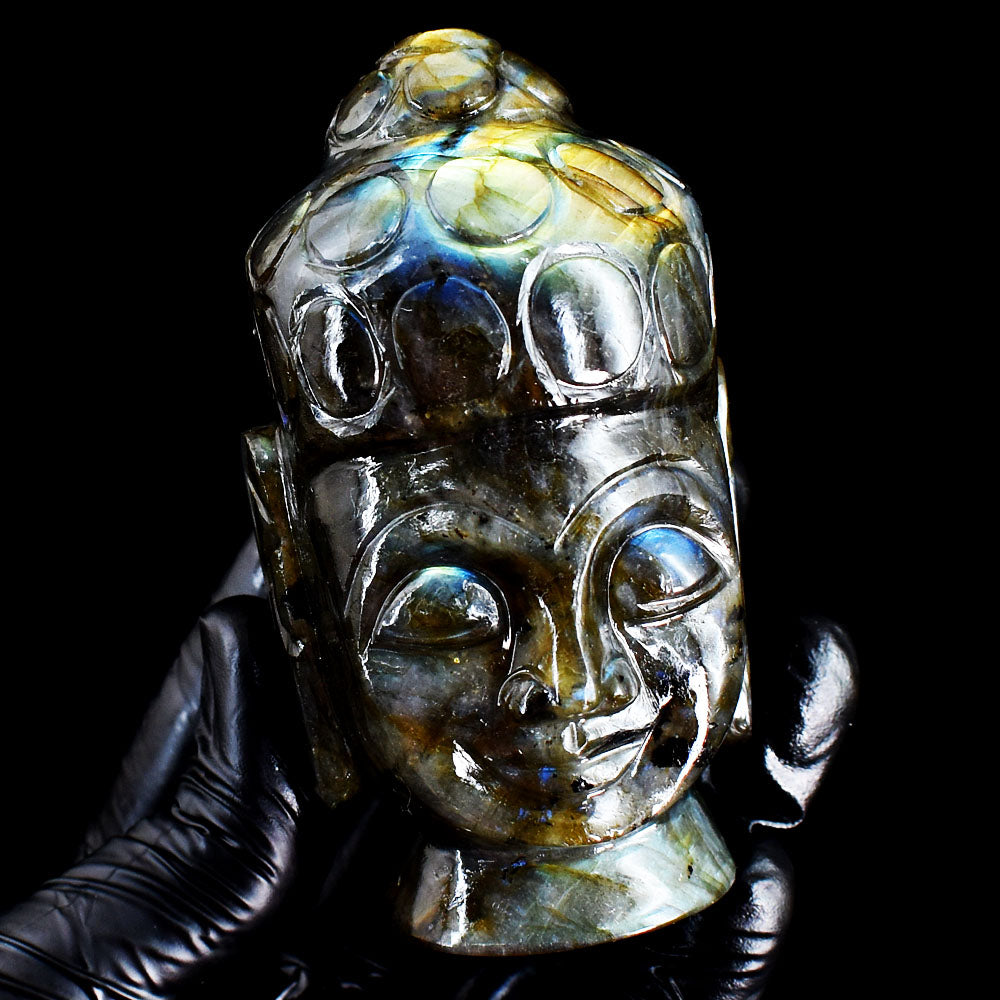 Golden & Blue Flash Labradorite 1650.00 Cts Genuine Hand Carved Crystal Gemstone Buddha Head Carving