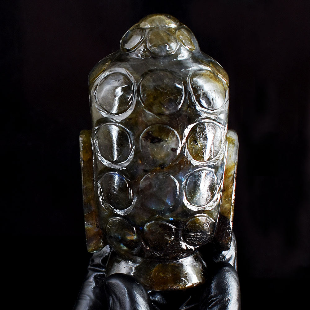 Golden & Blue Flash Labradorite 1650.00 Cts Genuine Hand Carved Crystal Gemstone Buddha Head Carving