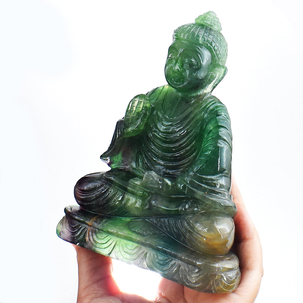 Beautiful 4035.00 Cts Genuine Multicolor Fluorite Hand Carved Lord Buddha Idol Gemstone Carving