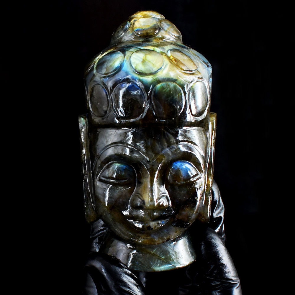 Golden & Blue Flash Labradorite 1650.00 Cts Genuine Hand Carved Crystal Gemstone Buddha Head Carving