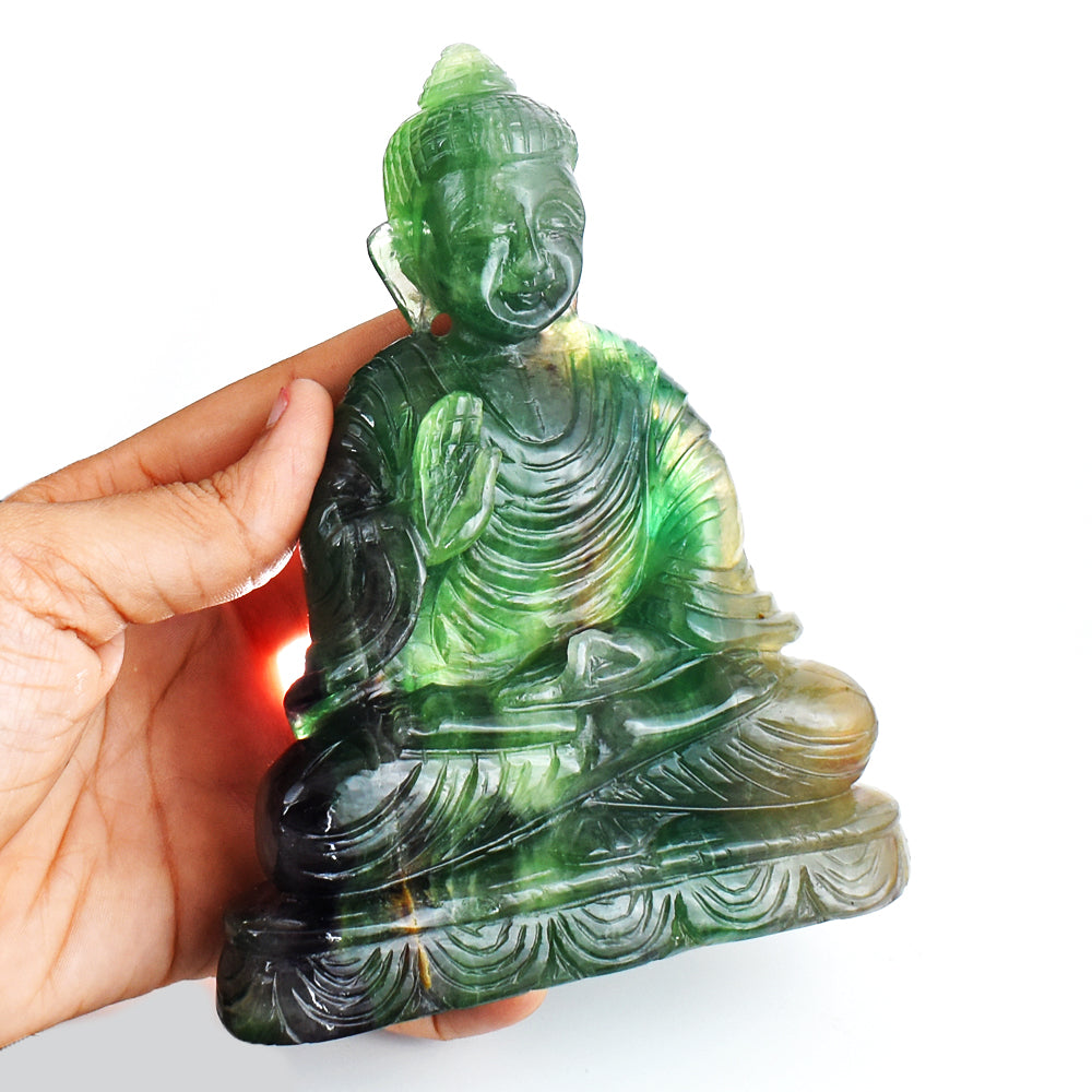 Beautiful 4035.00 Cts Genuine Multicolor Fluorite Hand Carved Lord Buddha Idol Gemstone Carving