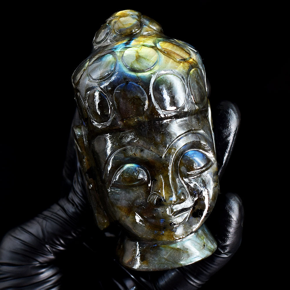 Golden & Blue Flash Labradorite 1650.00 Cts Genuine Hand Carved Crystal Gemstone Buddha Head Carving