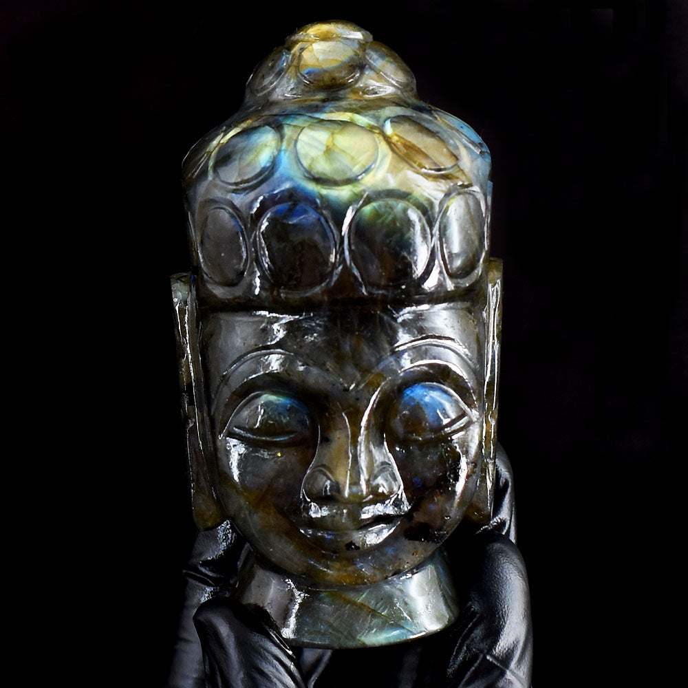 Golden & Blue Flash Labradorite 1650.00 Cts Genuine Hand Carved Crystal Gemstone Buddha Head Carving