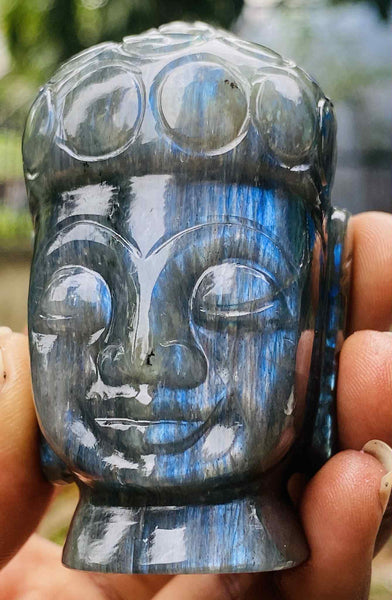 Gorgeous 825.00 Cts Genuine Blue Flash Labradorite Hand Carved Crystal Gemstone Buddha Head Carving