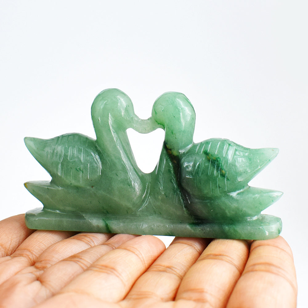 Amazing 473.00  Cts  Genuine Green Aventurine Hand Carved Crystal Swan Pair Gemstone Carving