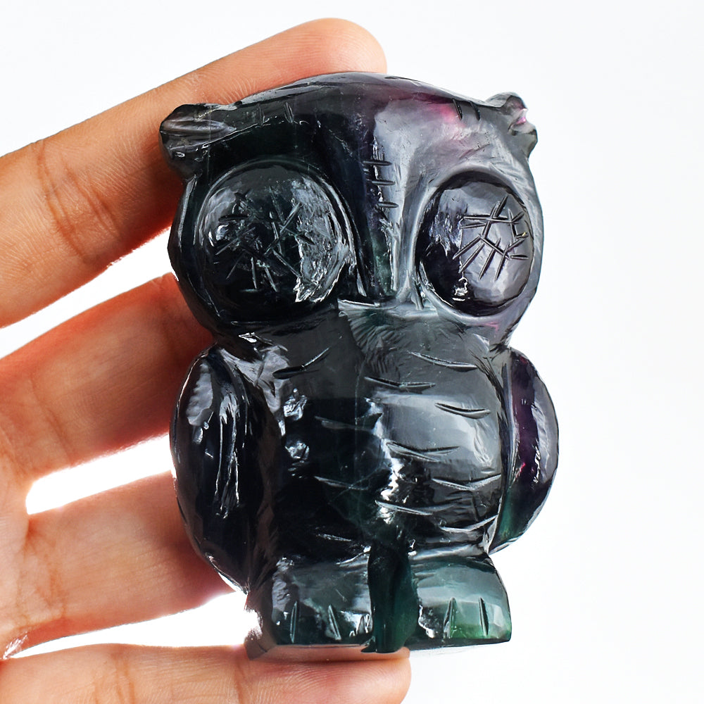 Exclusive 1032.00 Cts Genuine Multicolor Fluorite Hand Carved Crystal Gemstone Owl Carving