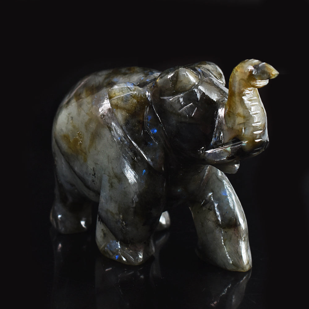 Genuine 2320.00 Cts Golden & Blue Flash Labradorite Hand Carved Gemstone Carving Elephant