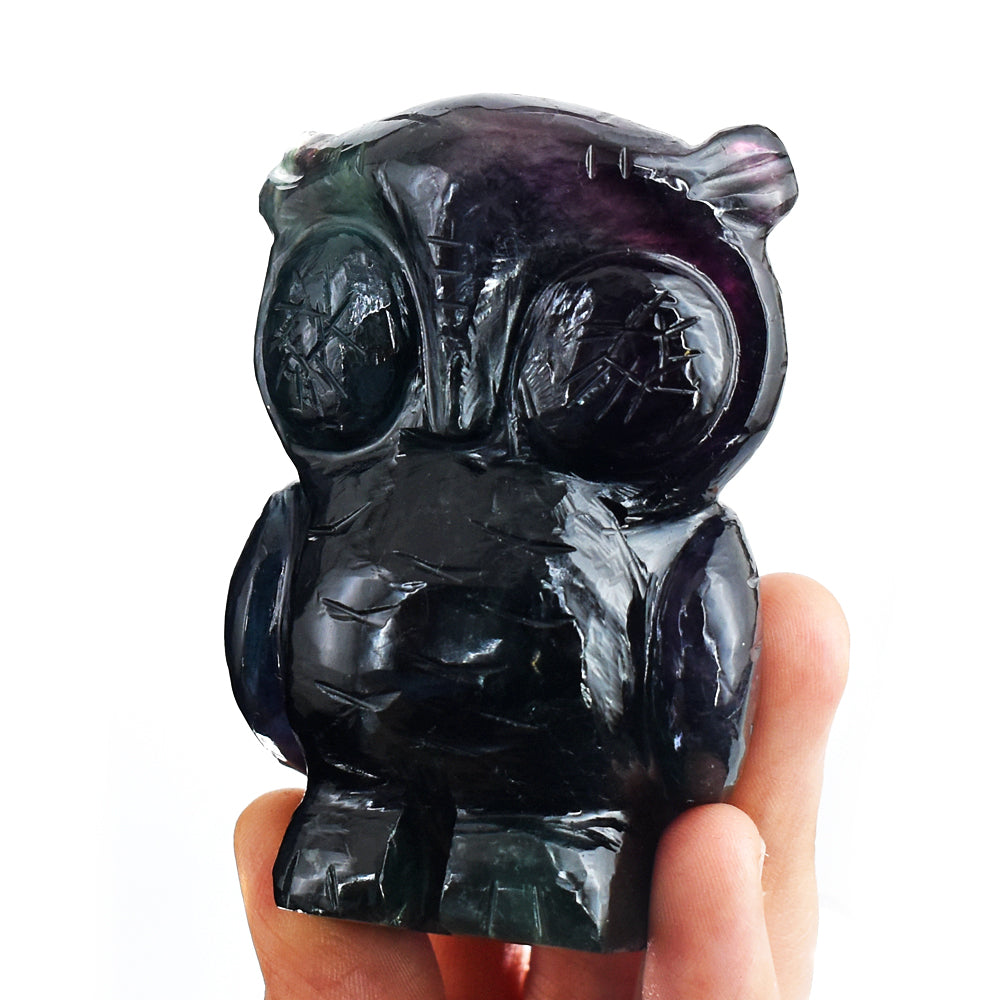 Exclusive 1032.00 Cts Genuine Multicolor Fluorite Hand Carved Crystal Gemstone Owl Carving