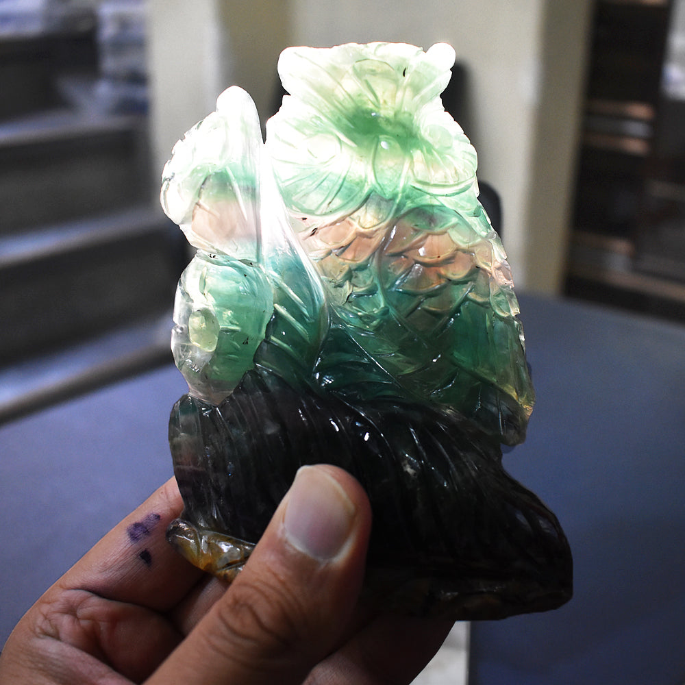 Beautiful 4654.00 Cts Genuine Multicolor Fluorite Hand Carved Owl Crystal Gemstone Carving