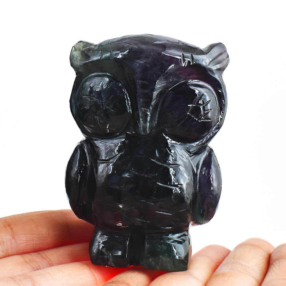Exclusive 1032.00 Cts Genuine Multicolor Fluorite Hand Carved Crystal Gemstone Owl Carving