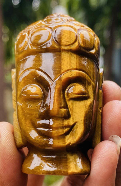Awesome 475.00 Cts Genuine Natural Tiger Eye Hand Carved Genuine Crystal Gemstone Carving Buddha Head