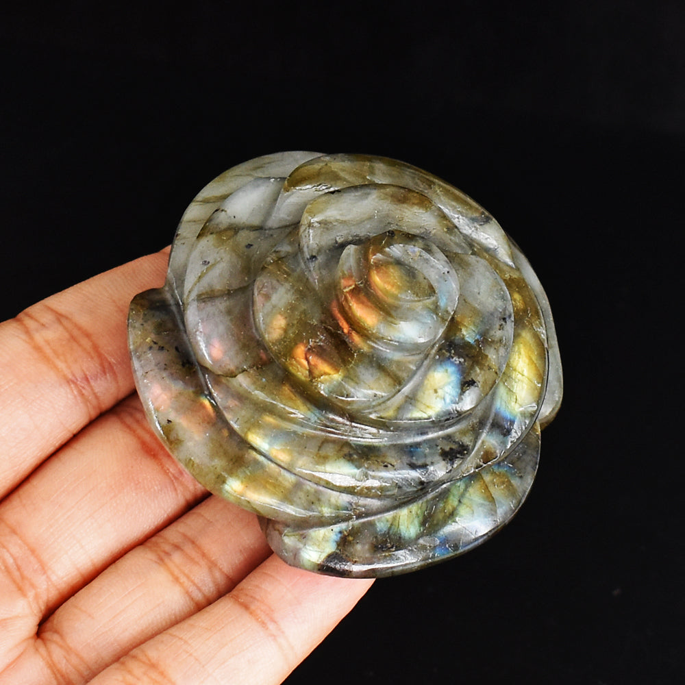 551.00 Carats Genuine Golden & Blue Flash Labradorite Hand Carved Gemstone Crystal Rose Flower Carving