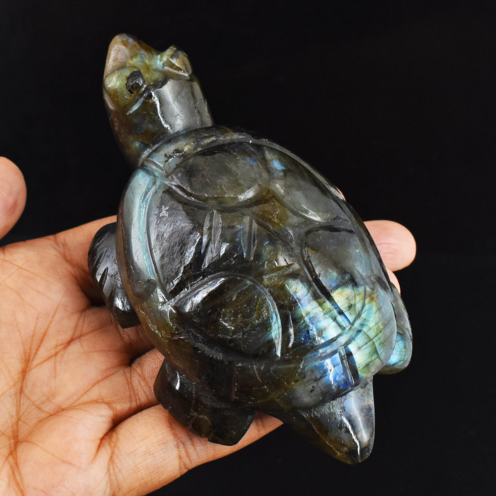 1026.00 Carats  Genuine  Amazing Flash Labradorite Hand Carved Crystal  Gemstone Turtle Carving