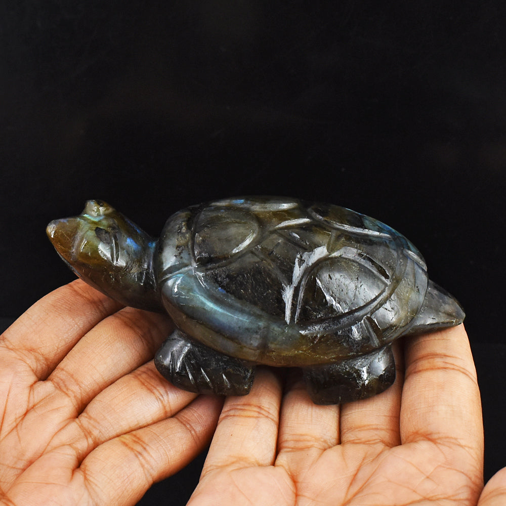 1026.00 Carats  Genuine  Amazing Flash Labradorite Hand Carved Crystal  Gemstone Turtle Carving