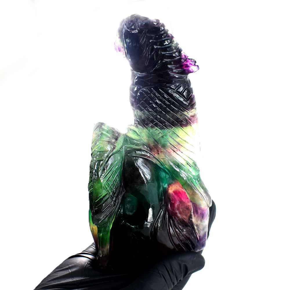 Marvellous 3403.00 Cts Genuine Multicolor Fluorite Hand Carved Gemstone Crystal Parrot Carving