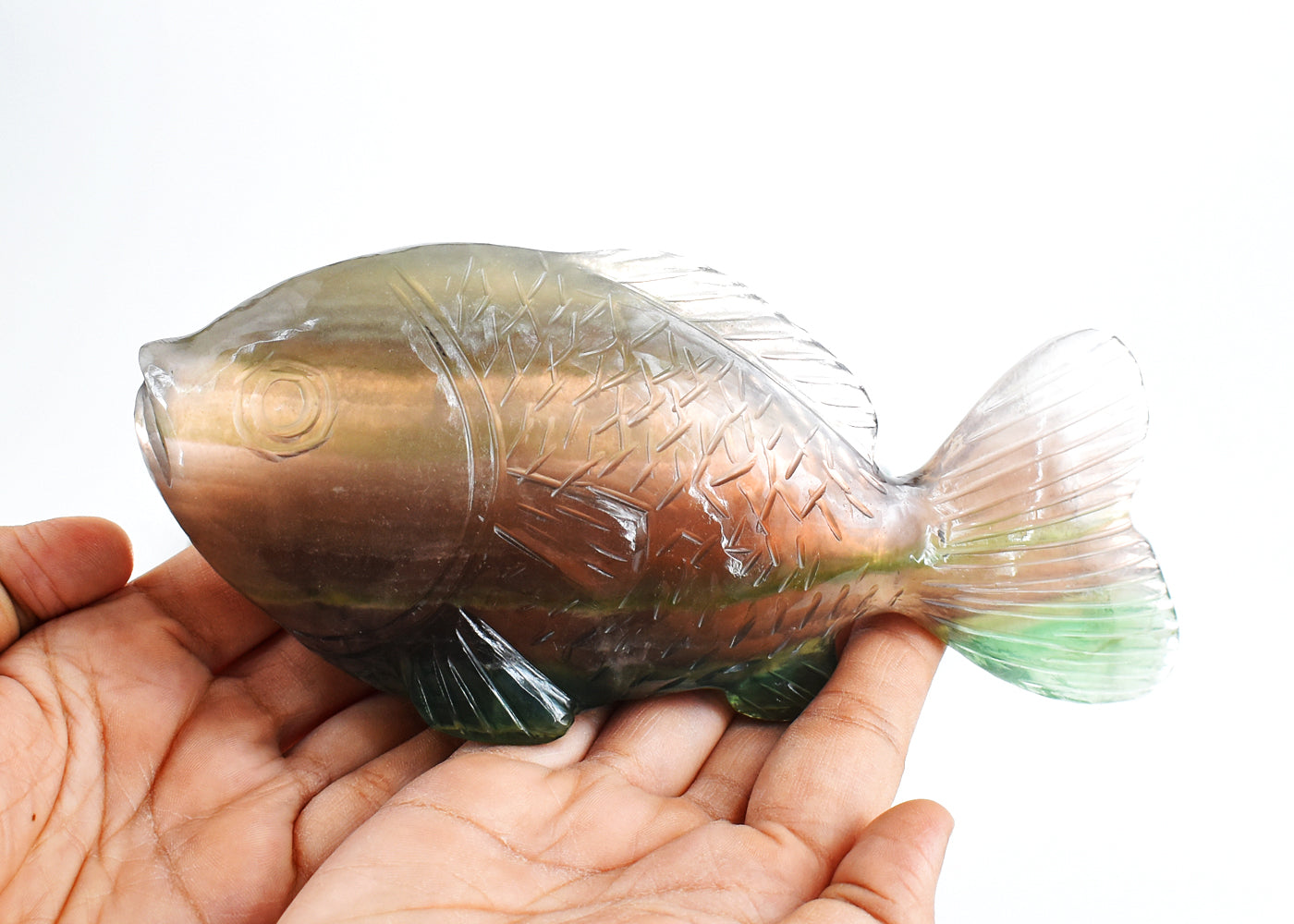 Natural 3775.00 Carats Genuine Multicolor Fluorite Hand Carved Crystal Gemstone Carving Fish