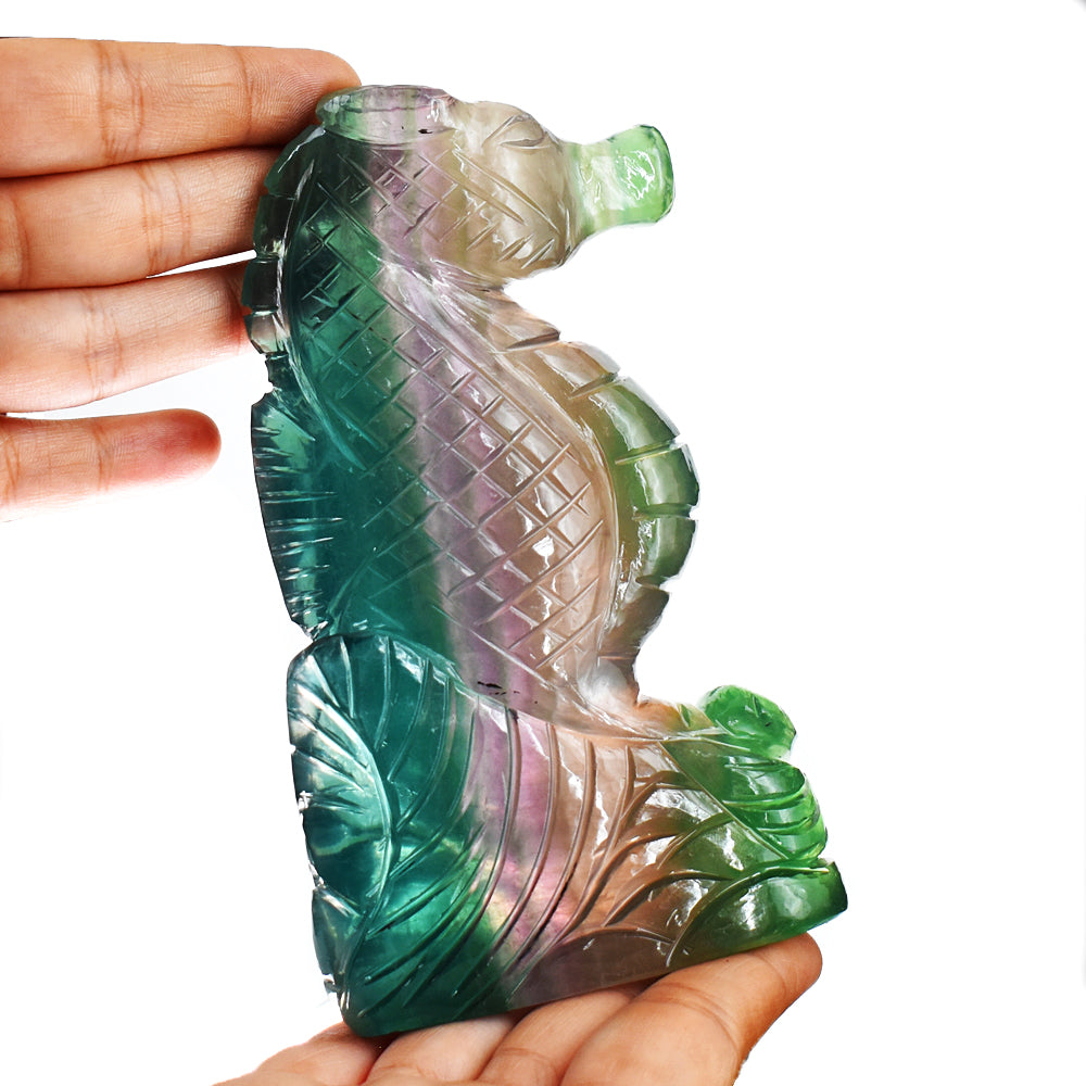 Gorgeous 3479.00 Cts Genuine Multicolor Fluorite Hand Carved Crystal Gemstone Seahorse Carving