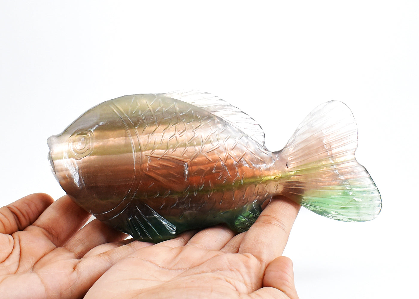 Natural 3775.00 Carats Genuine Multicolor Fluorite Hand Carved Crystal Gemstone Carving Fish
