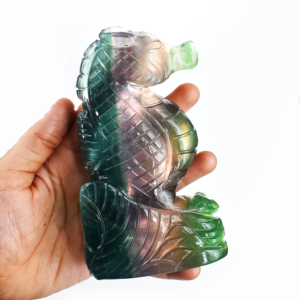 Gorgeous 3479.00 Cts Genuine Multicolor Fluorite Hand Carved Crystal Gemstone Seahorse Carving