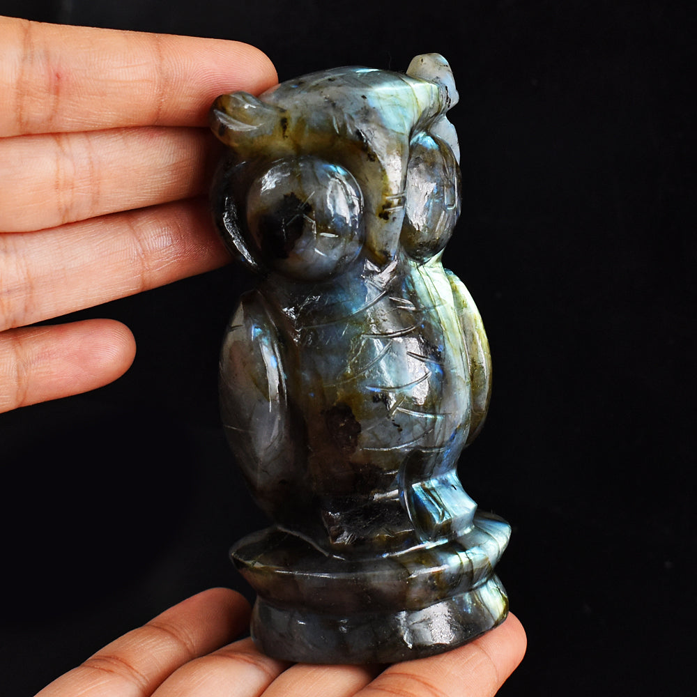 Stunning  1720.00  Carats  Genuine  Amazing  Flash Labradorite  Hand Carved Gemstone Owl Carving