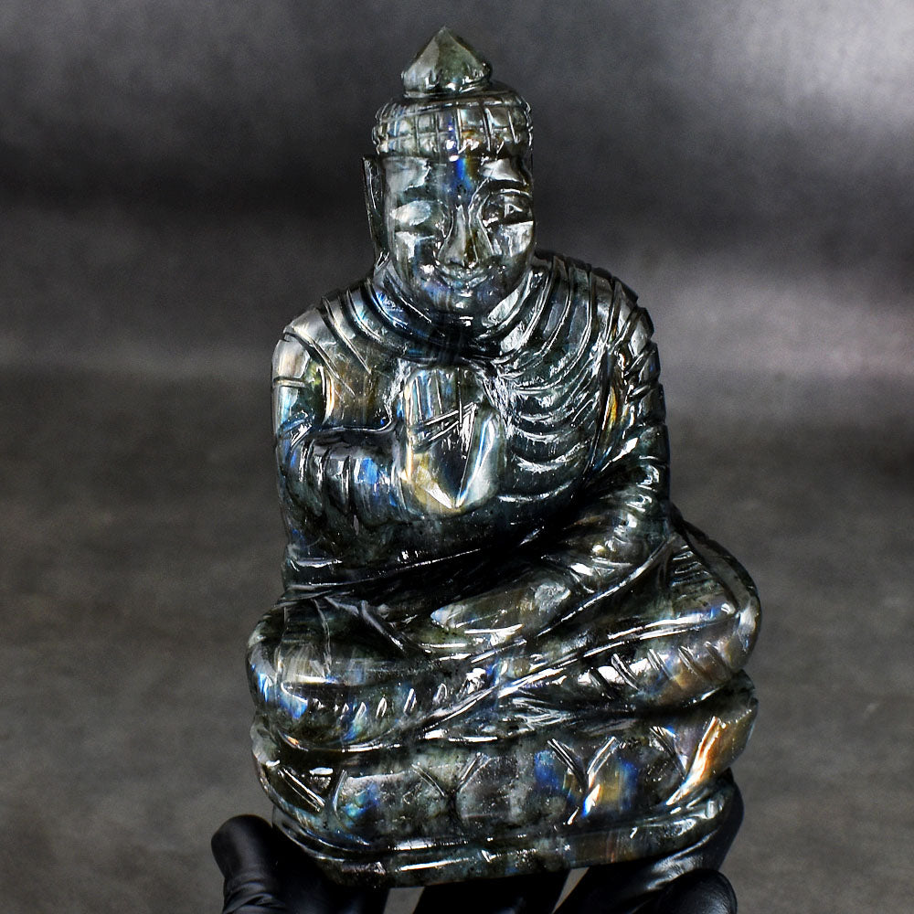 Genuine 2257.00 Cts Golden & Blue Flash Labradorite Hand Carved Crystal Gemstone Buddha Idol Carving