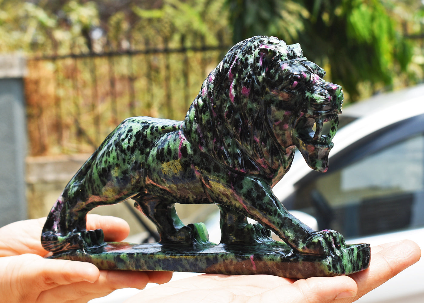 Gorgeous 6635.00 Carats  Genuine Ruby Zoisite Hand Carved  Crystal Gemstone Lion Carving