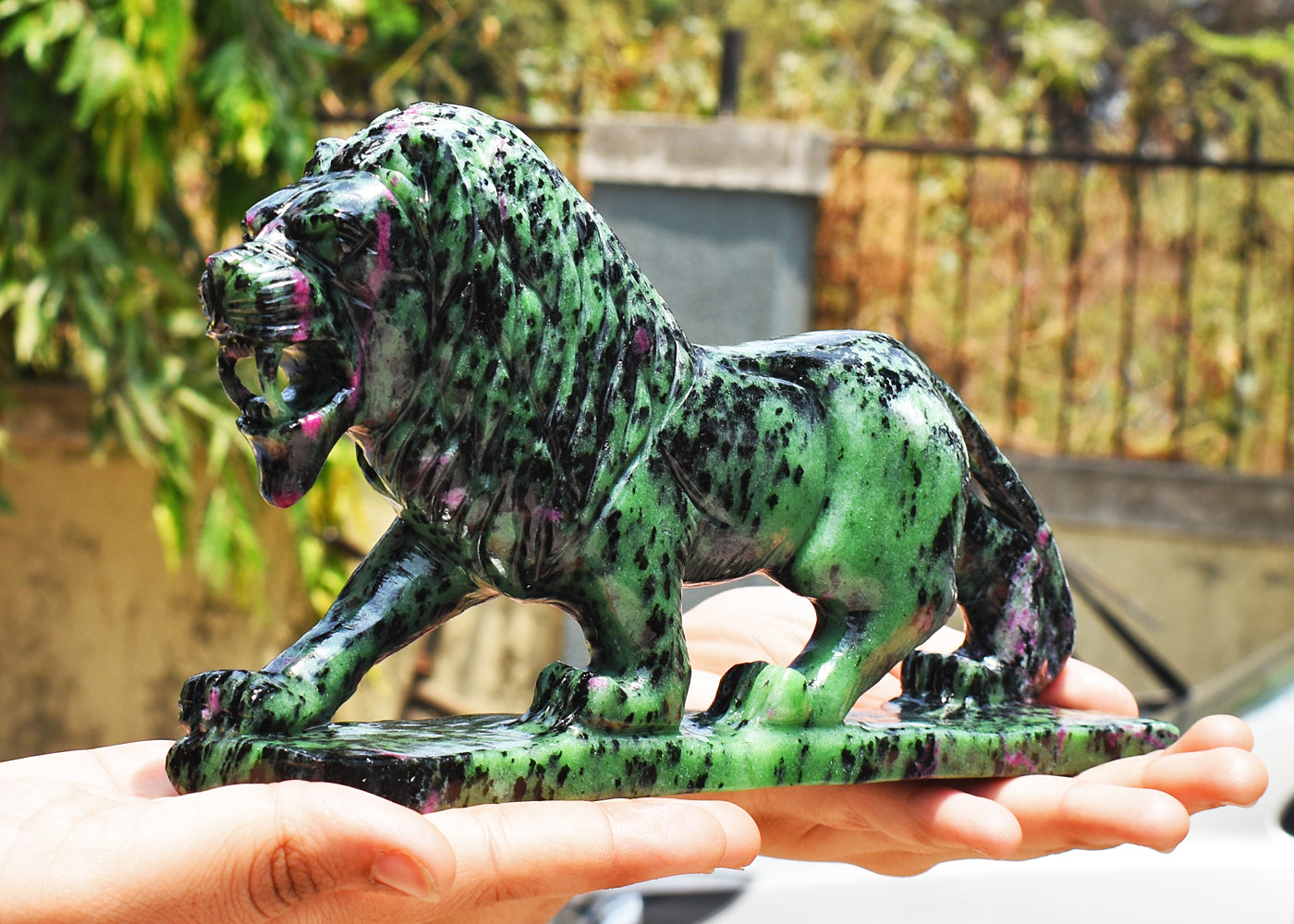 Gorgeous 6635.00 Carats  Genuine Ruby Zoisite Hand Carved  Crystal Gemstone Lion Carving