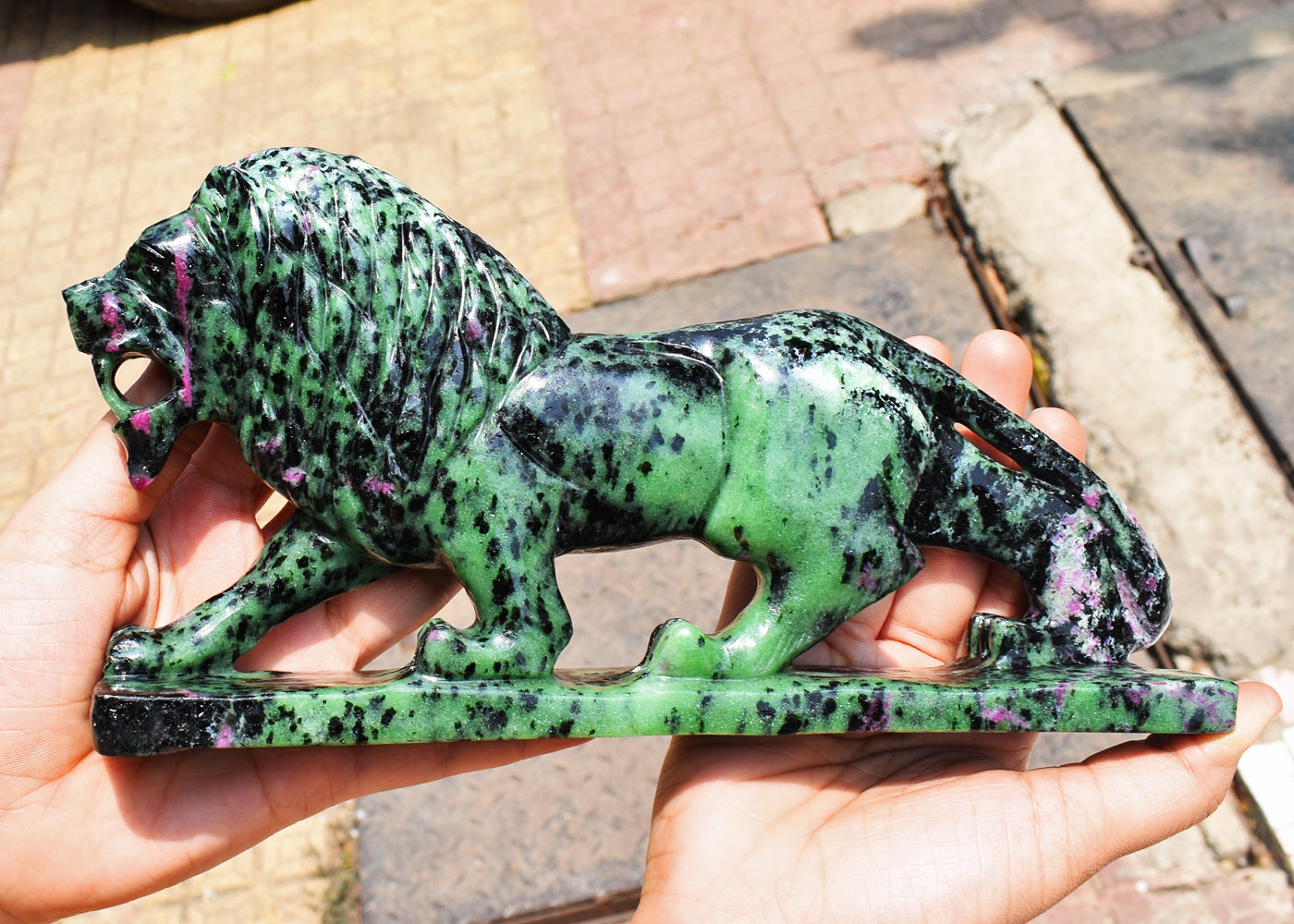 Gorgeous 6635.00 Carats  Genuine Ruby Zoisite Hand Carved  Crystal Gemstone Lion Carving