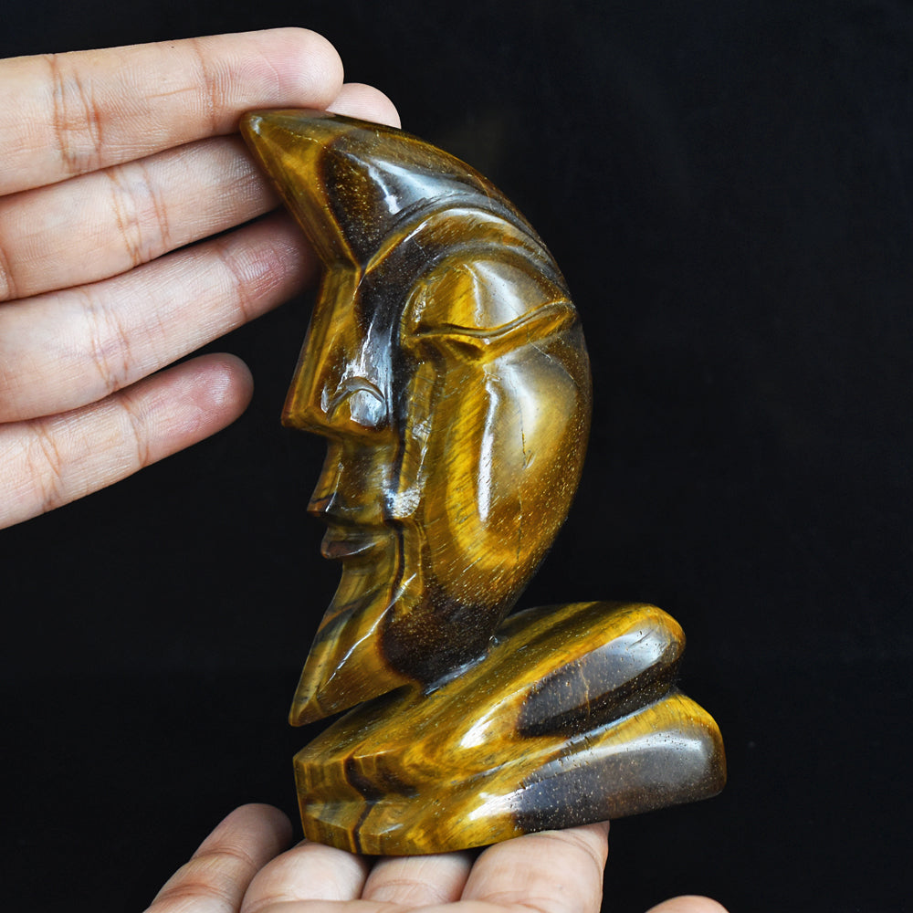 Natural 1469.00  Carats  Genuine Tiger Eye  Moon With Stand Hand Carved Gemstone Carving