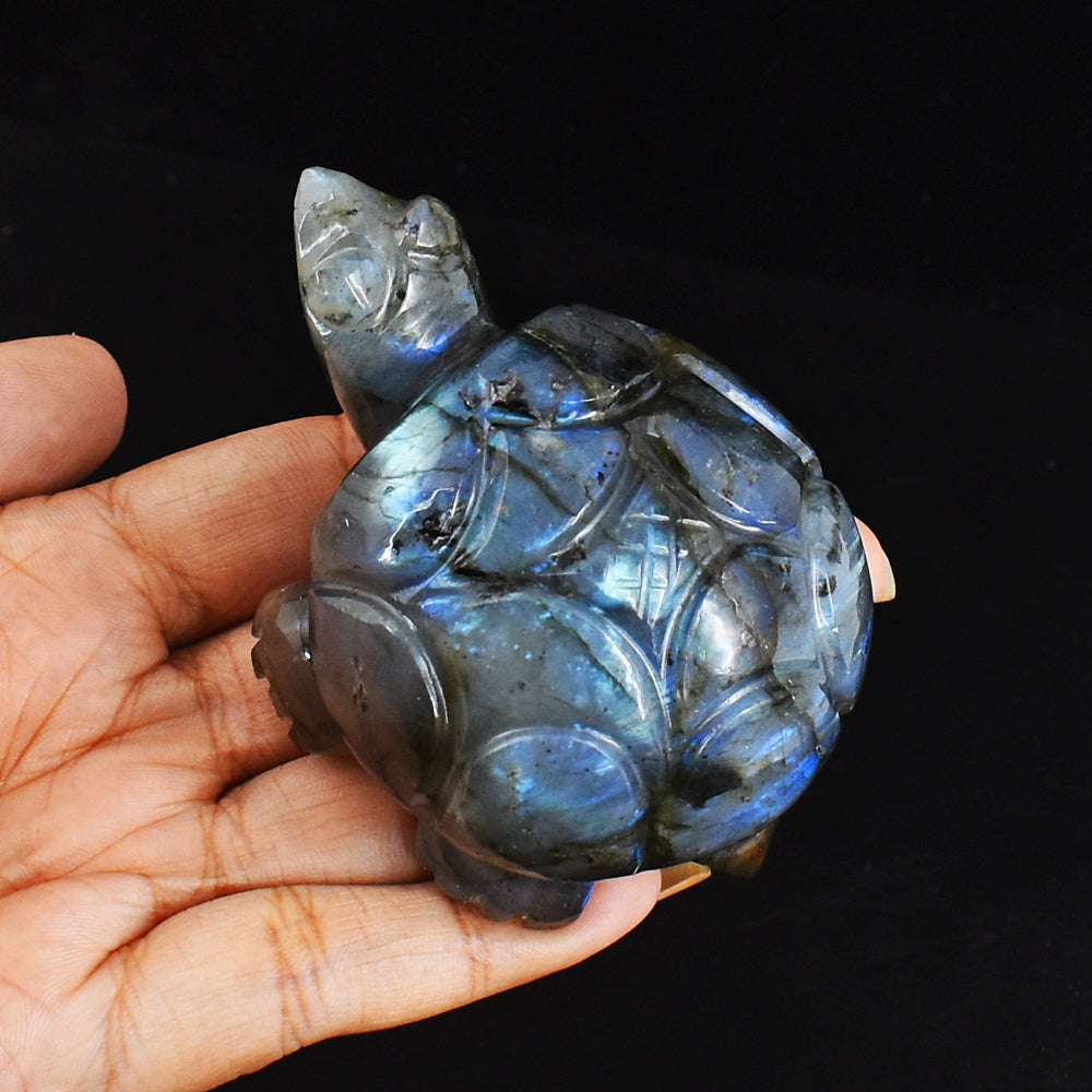 722.00 Carats  Genuine Blue Flash Labradorite Hand Carved  Crystal  Gemstone Turtle Carving