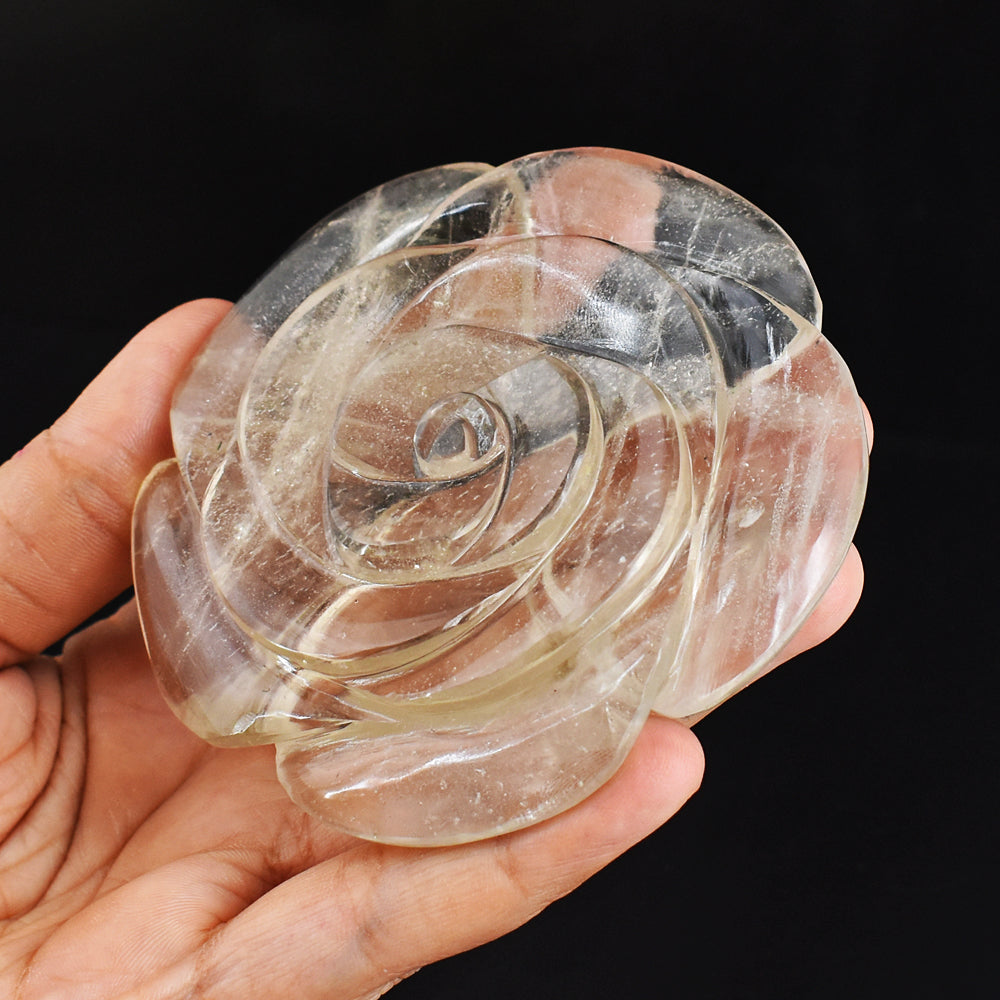 Artisian 784.00 Cts Genuine  White Quartz Hand Carved Crystal Rose Flower Gemstone Carving