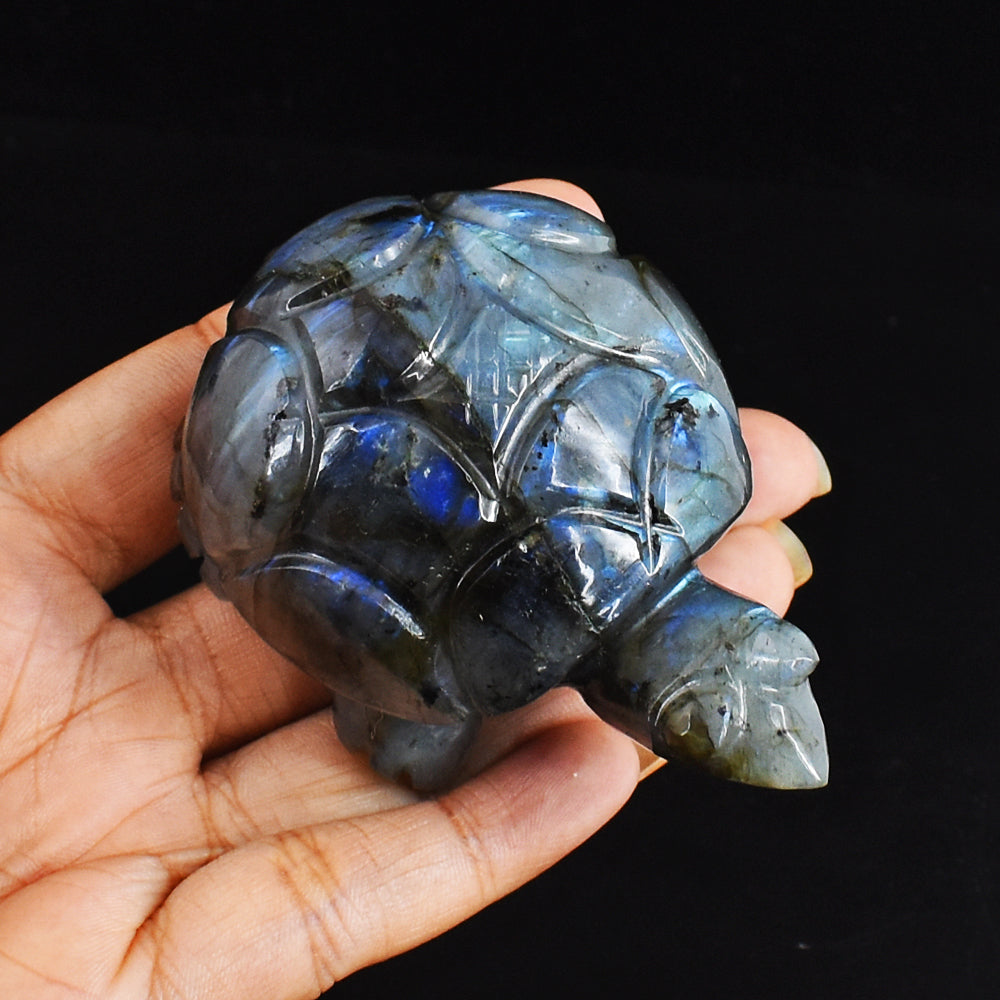 722.00 Carats  Genuine Blue Flash Labradorite Hand Carved  Crystal  Gemstone Turtle Carving