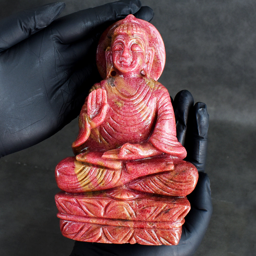 Stunning 6344.00 Cts Genuine Rhodonite Hand Carved Crystal Buddha Statue Gemstone Carving