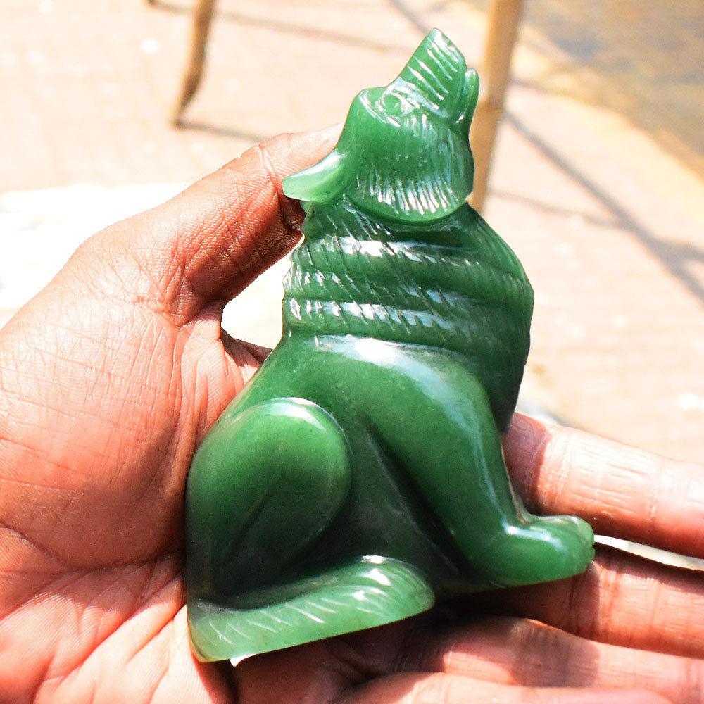 Craftsmen 1542.00 Carats Genuine Green Aventurine Hand Carved Crystal Wolf Crystal Carving