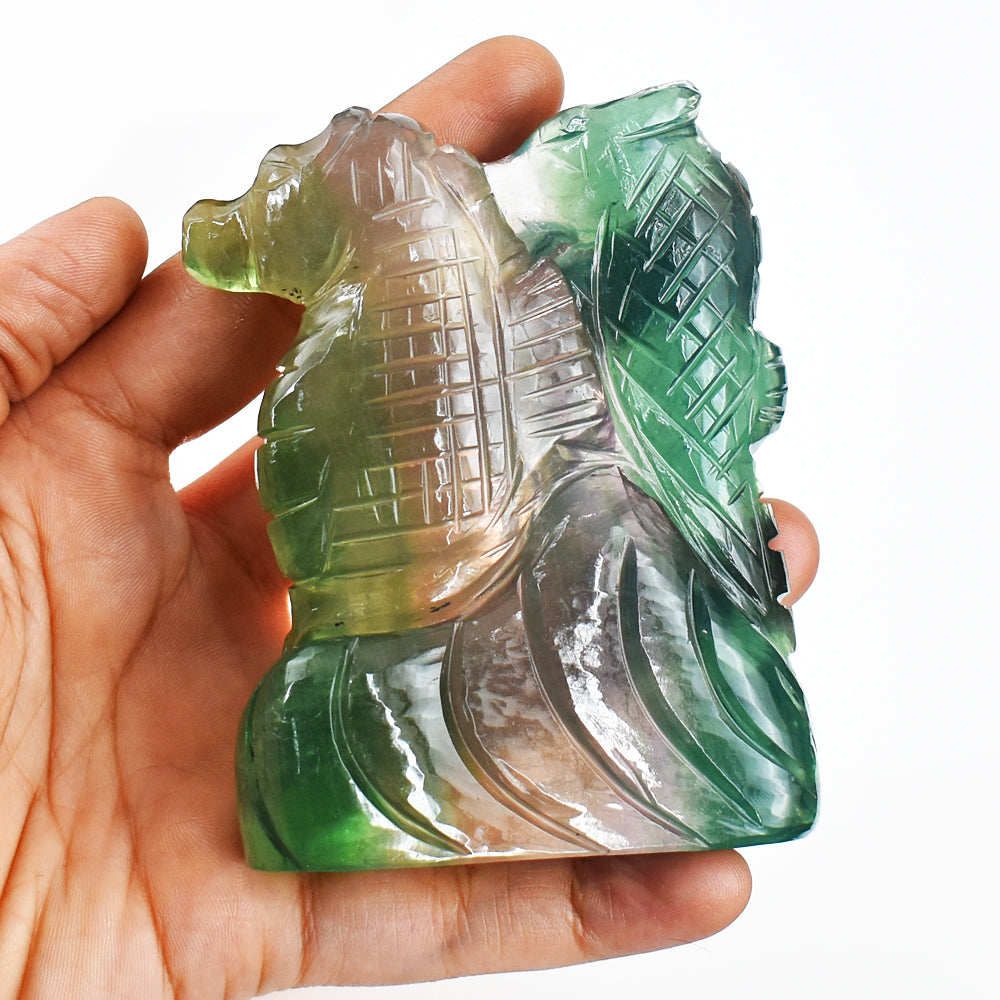 Stunning  1907.00 Cts Genuine Multicolor Fluorite Hand Carved Crystal Gemstone Twin Seahorse