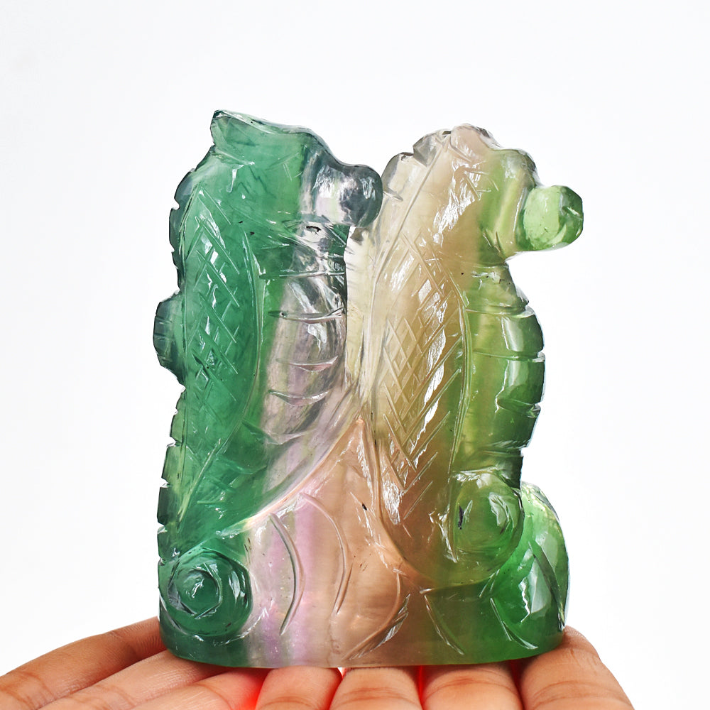 Stunning  1907.00 Cts Genuine Multicolor Fluorite Hand Carved Crystal Gemstone Twin Seahorse
